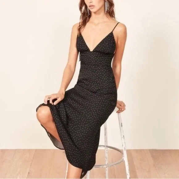 Reformation Talita Midi Dress Navy Blue and Red Tie Shoulders - Picture 3 of 15